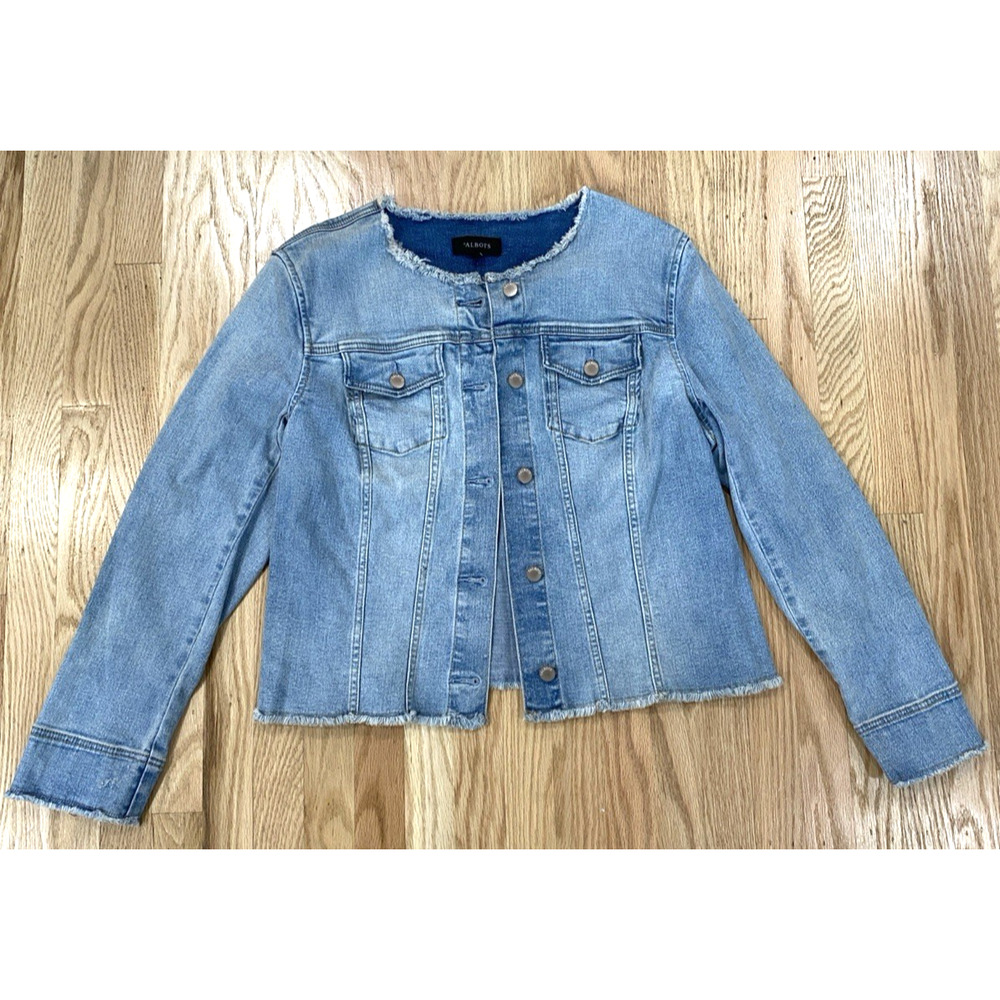 Talbots Collarless Frayed Hem Denim Jacket Women XL Blue Cropped Classic Chic